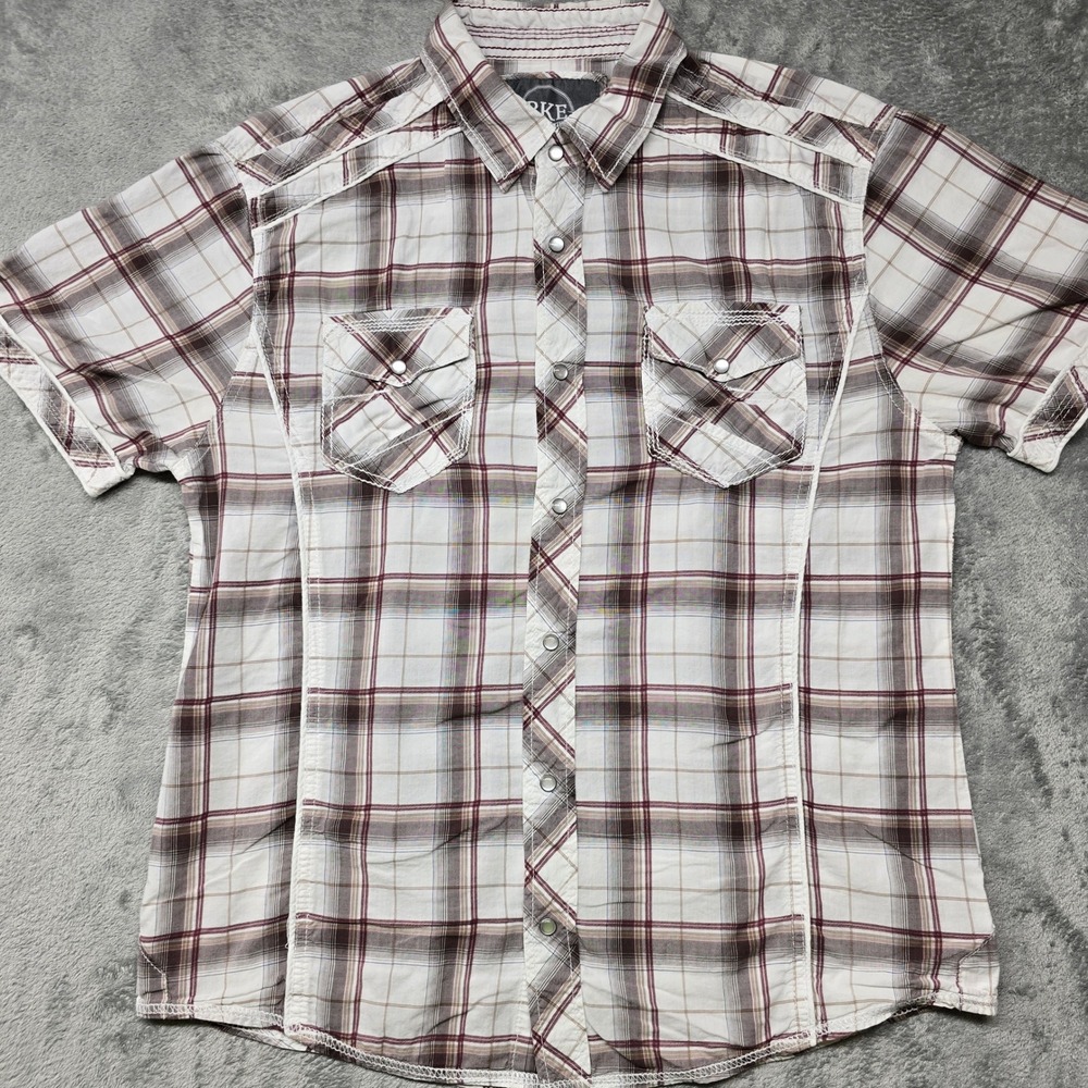 BKE Relaxed Fit Plaid Western Snap Button Down Shirt Mens L Short‎ Sleeve Pocket
